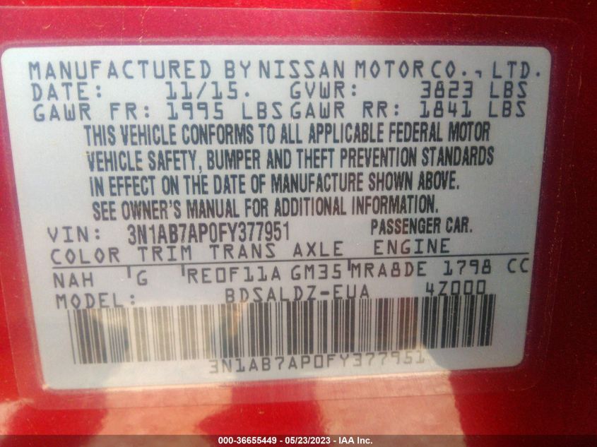 2015 NISSAN SENTRA SV - 3N1AB7AP0FY377951