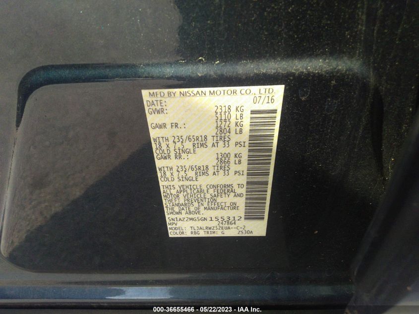 2016 NISSAN MURANO SL - 5N1AZ2MG5GN155312