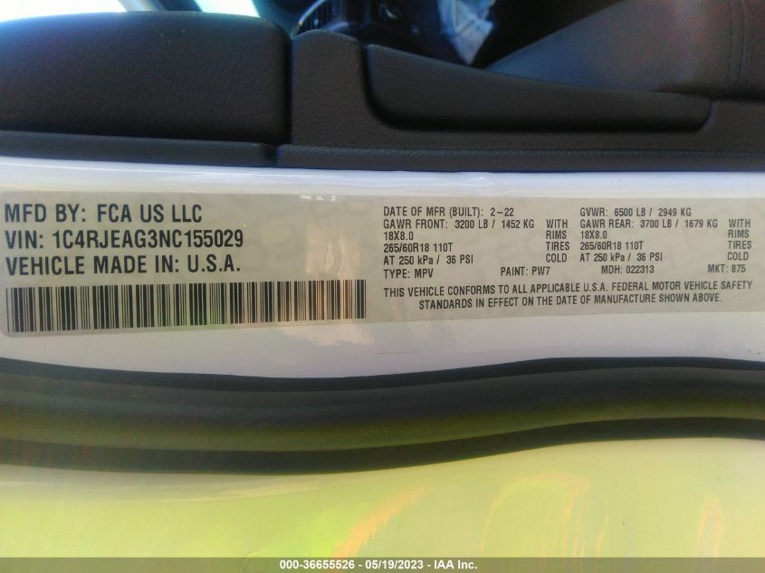 2022 JEEP GRAND CHEROKEE WK LAREDO X 1C4RJEAG3NC155029