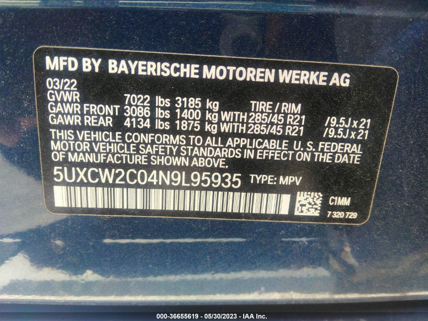 2022 BMW X7 XDRIVE40I - 5UXCW2C04N9L95935