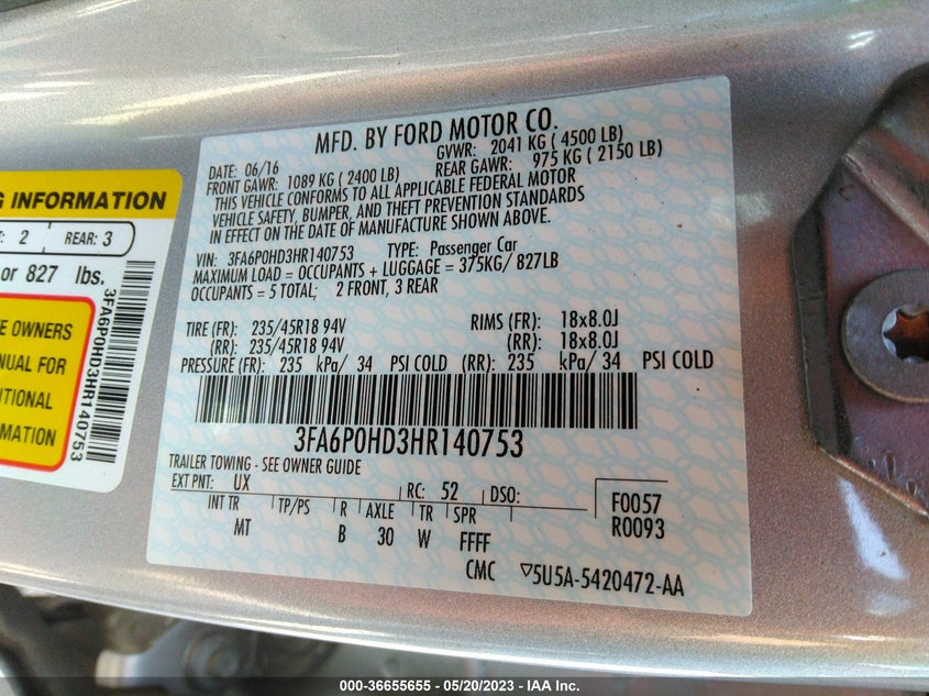 VIN 3FA6P0HD3HR140753 2017 FORD FUSION SE