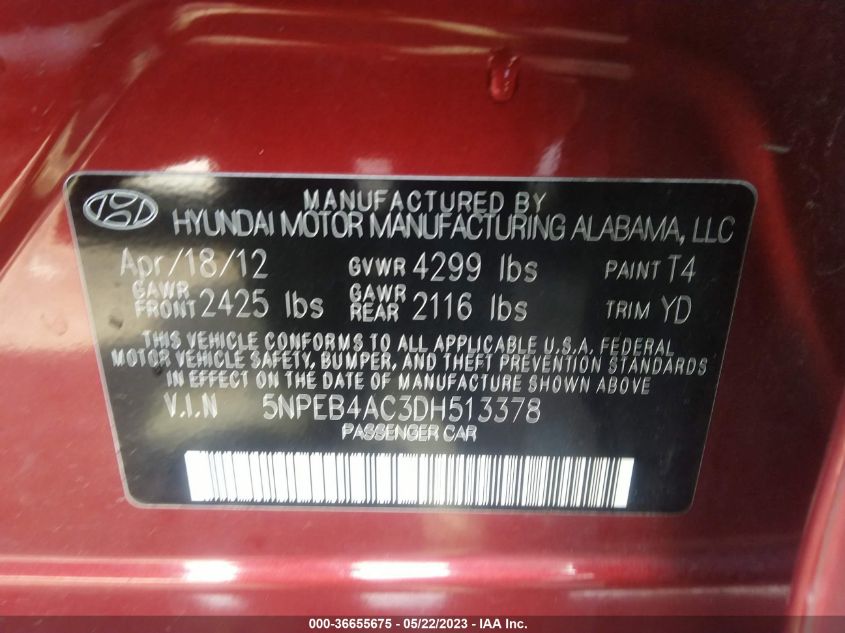 2013 HYUNDAI SONATA GLS PZEV - 5NPEB4AC3DH513378