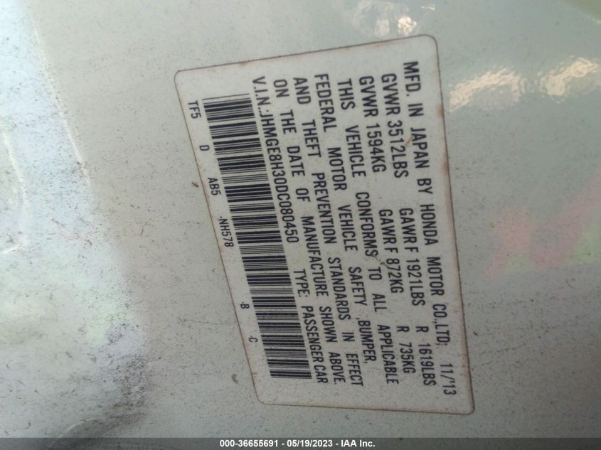 2013 HONDA FIT - JHMGE8H30DC080450