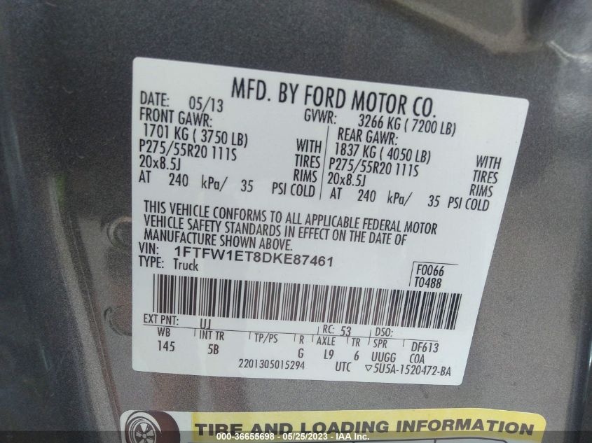 2013 FORD F-150 XL/XLT/FX4/LARIAT - 1FTFW1ET8DKE87461