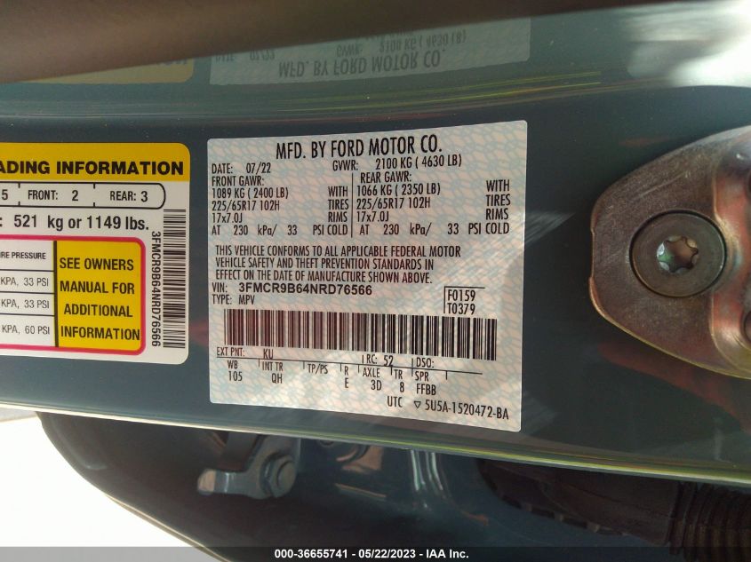 2022 FORD BRONCO SPORT BIG BEND - 3FMCR9B64NRD76566