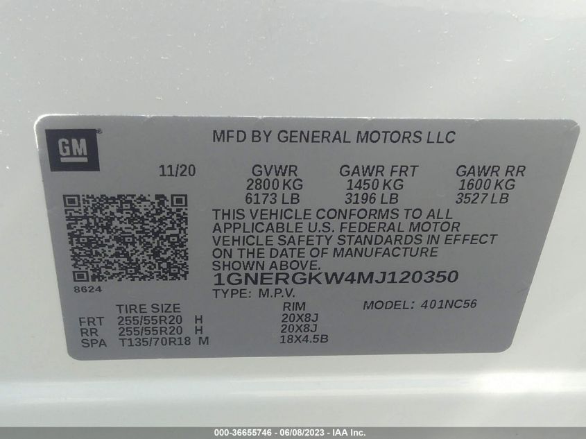 2021 CHEVROLET TRAVERSE LT CLOTH - 1GNERGKW4MJ120350