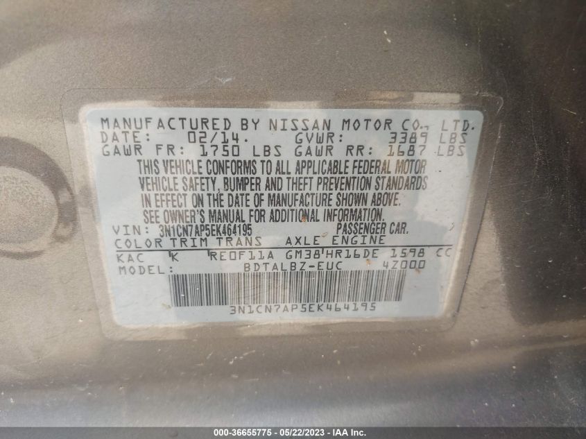 2014 NISSAN VERSA SV - 3N1CN7AP5EK464195