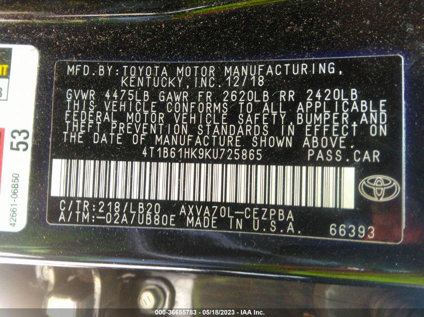 2019 TOYOTA CAMRY XSE - 4T1B61HK9KU725865