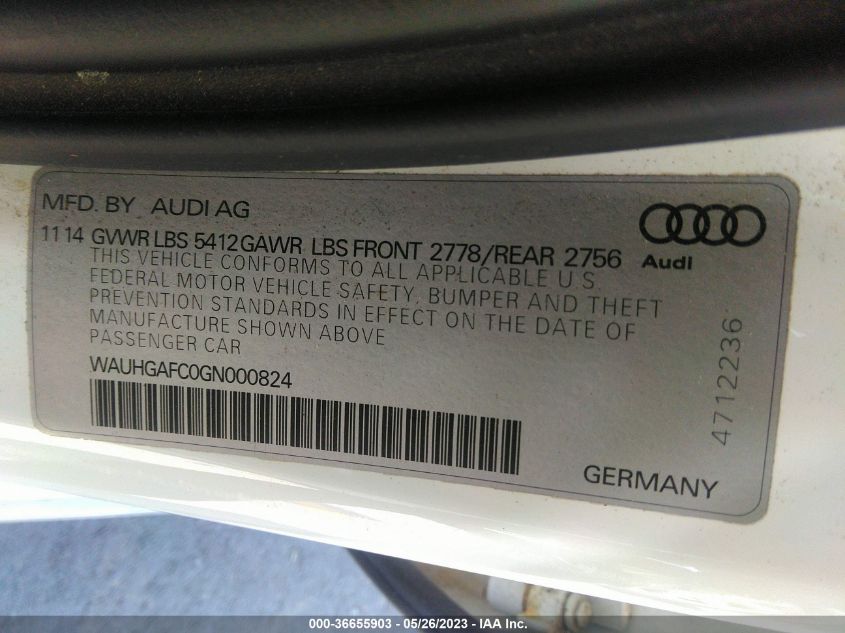 2016 AUDI A6 3.0T PRESTIGE - WAUHGAFC0GN000824