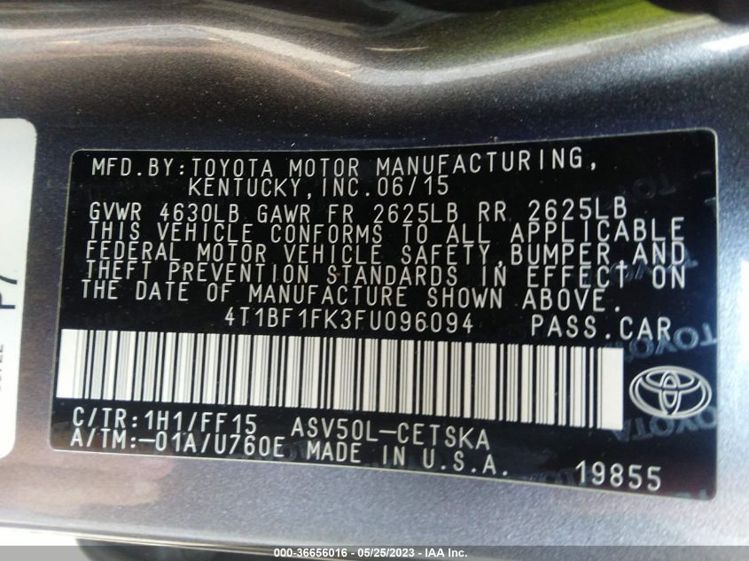 2015 TOYOTA CAMRY XLE/SE/LE/XSE - 4T1BF1FK3FU096094