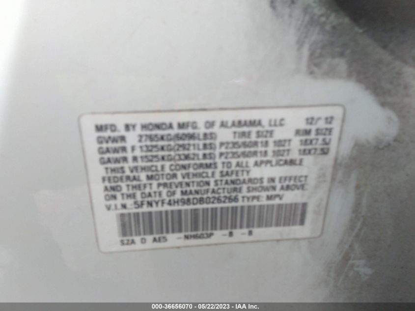 2013 HONDA PILOT TOURING - 5FNYF4H98DB026266