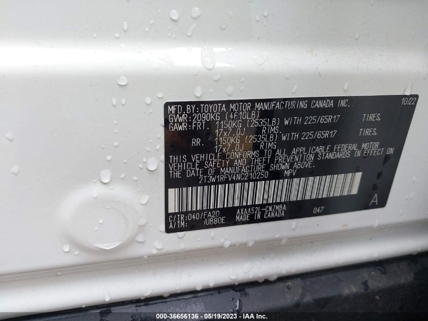 2022 TOYOTA RAV4 XLE - 2T3W1RFV4NC210250