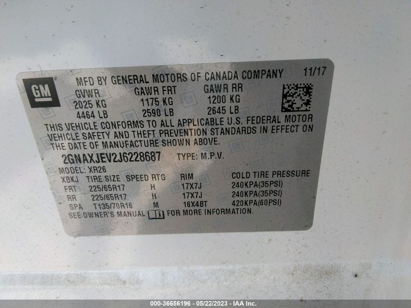 2018 CHEVROLET EQUINOX LT - 2GNAXJEV2J6228687