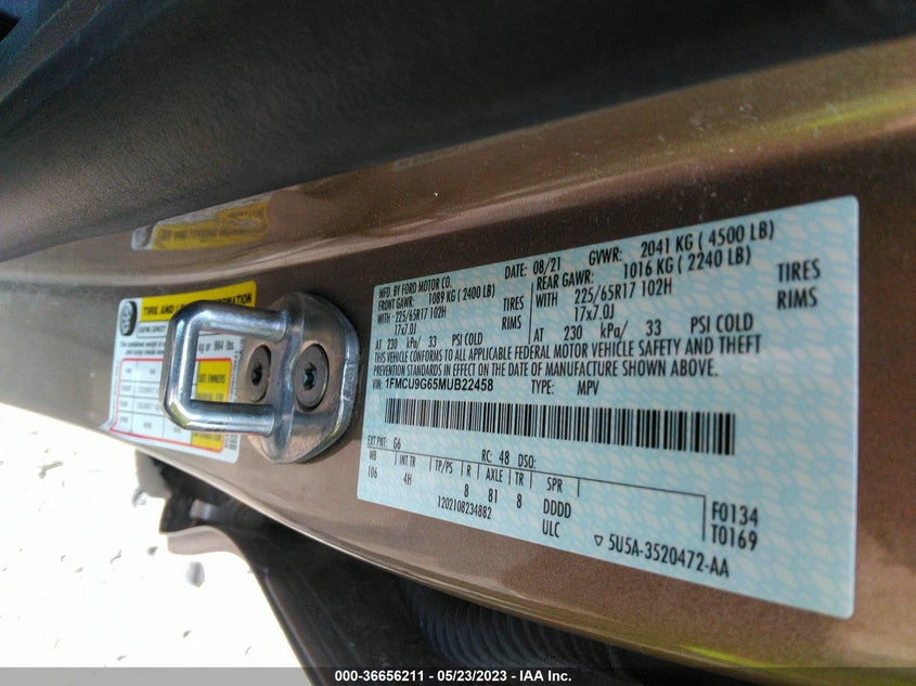VIN 1FMCU9G65MUB22458 2021 FORD ESCAPE SE