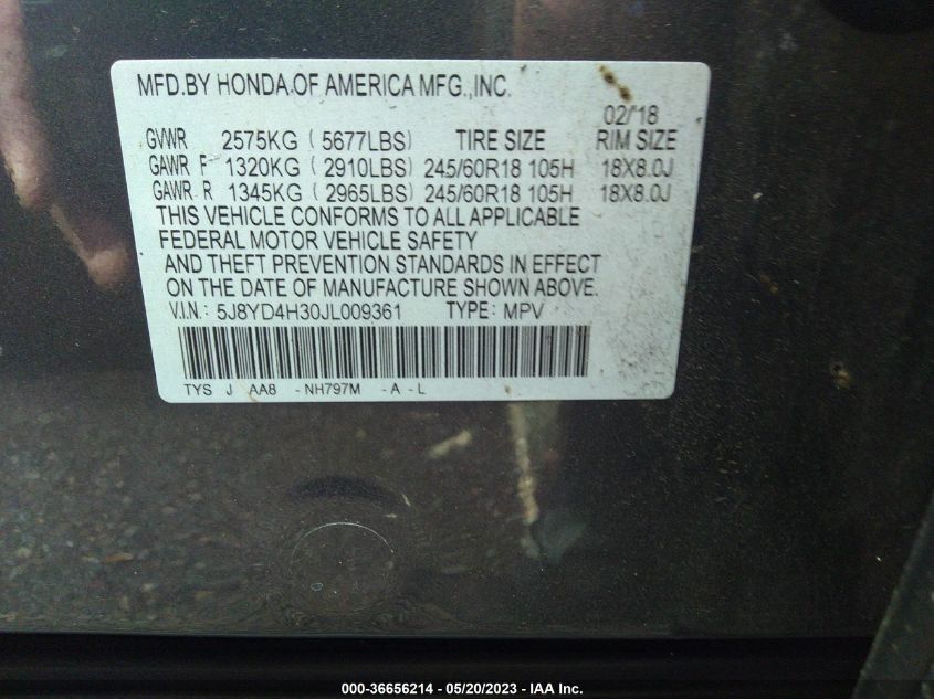 2018 ACURA MDX - 5J8YD4H30JL009361