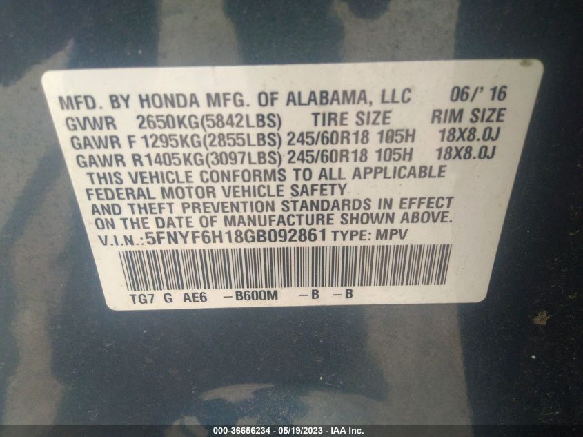 2016 HONDA PILOT LX - 5FNYF6H18GB092861