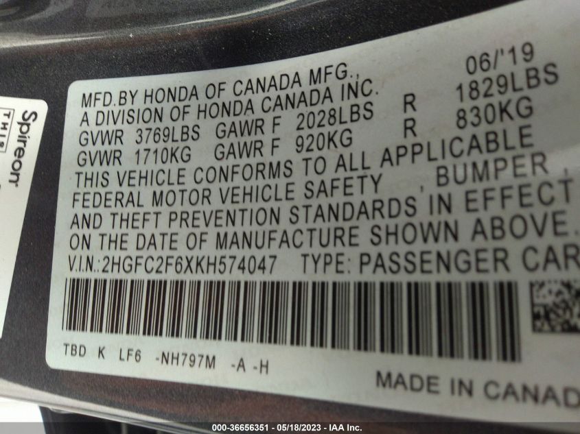 2019 HONDA CIVIC SEDAN LX - 2HGFC2F6XKH574047
