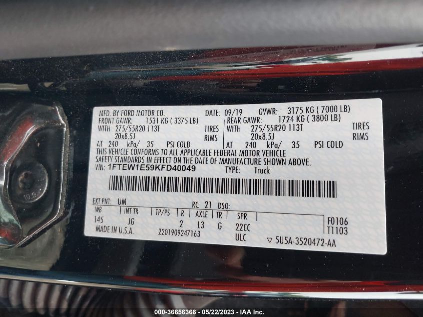 2019 FORD F-150 XL/XLT/LARIAT - 1FTEW1E59KFD40049
