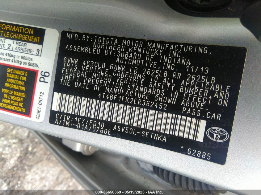 2014 TOYOTA CAMRY L/LE/XLE/SE/SE SPORT - 4T4BF1FK2ER362452