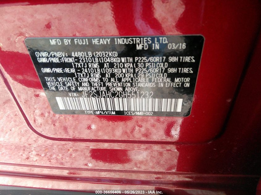 2016 SUBARU FORESTER 2.5I LIMITED - JF2SJAHC2GH551232