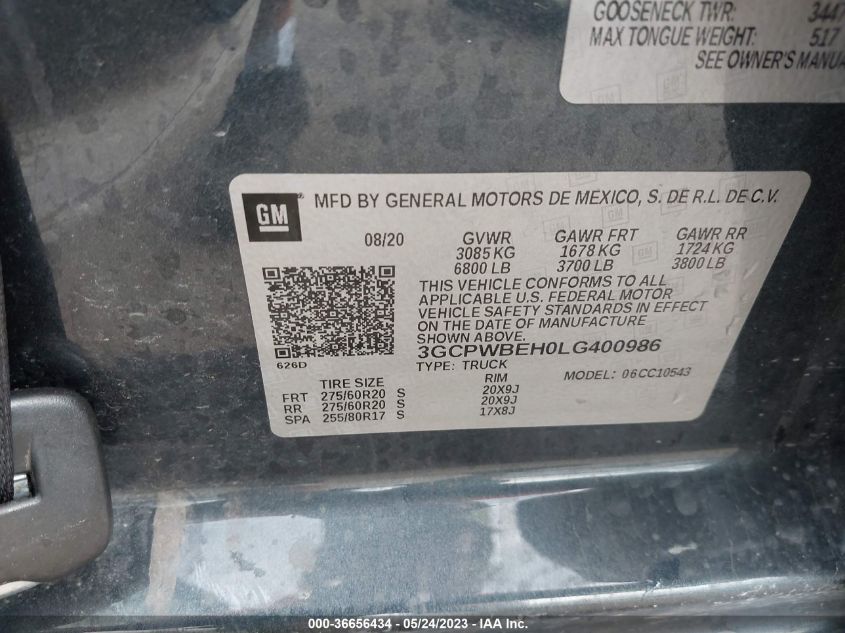 2020 CHEVROLET SILVERADO 1500 CUSTOM - 3GCPWBEH0LG400986