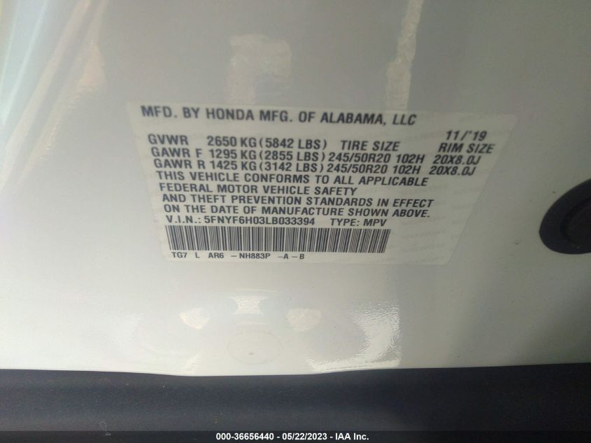 2020 HONDA PILOT ELITE - 5FNYF6H03LB033394