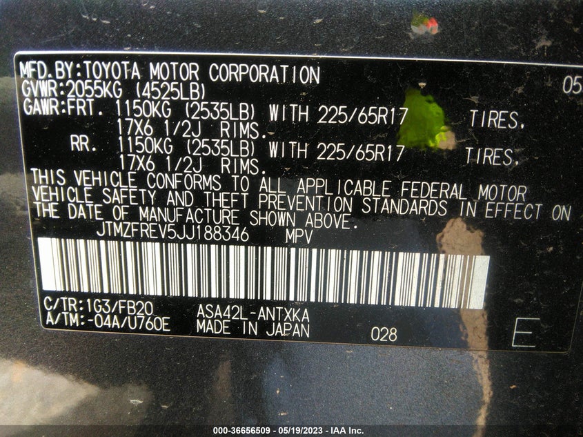 VIN JTMZFREV5JJ188346 2018 TOYOTA RAV4 LE