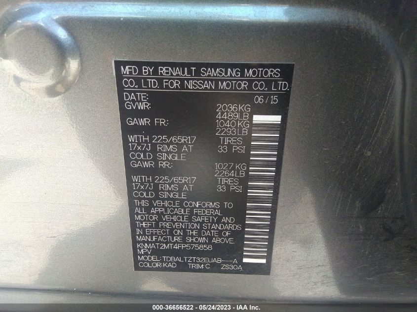 2015 NISSAN ROGUE SV - KNMAT2MT4FP575858