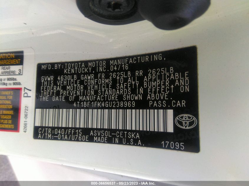 2016 TOYOTA CAMRY XLE/SE/LE/XSE - 4T1BF1FK4GU238969