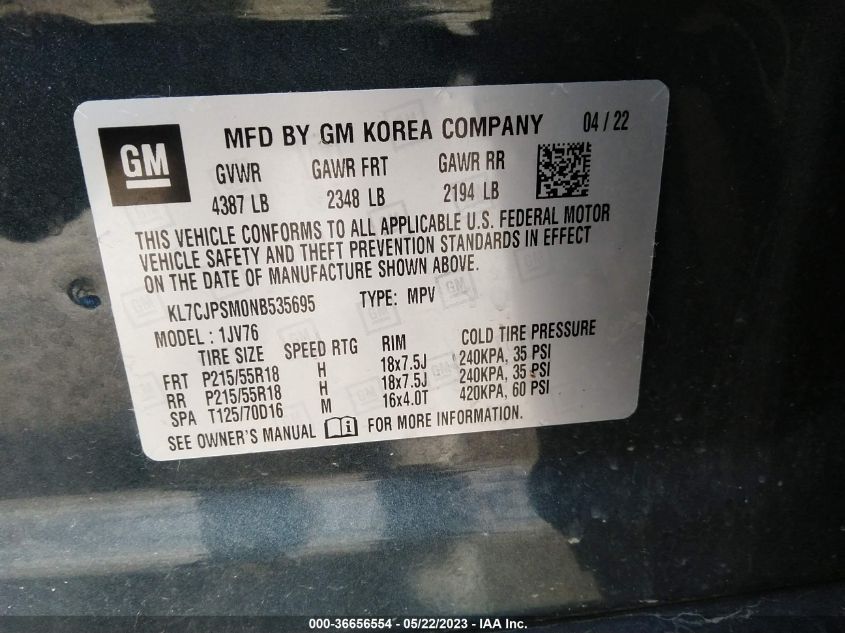 2022 CHEVROLET TRAX LT - KL7CJPSM0NB535695