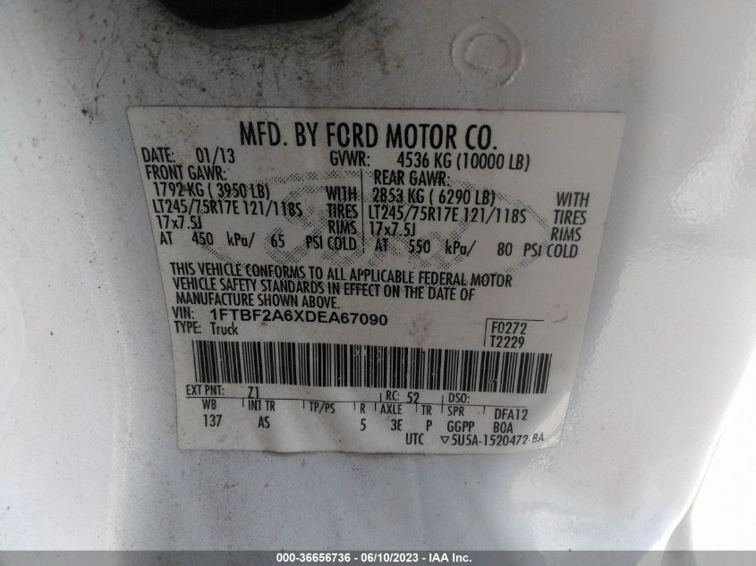 2013 FORD SUPER DUTY F-250 SRW XL/XLT - 1FTBF2A6XDEA67090