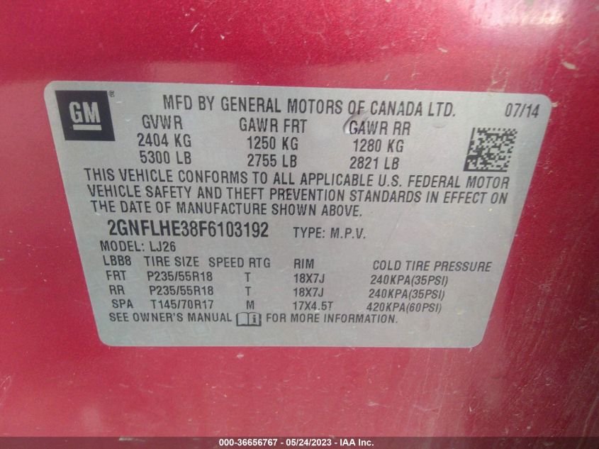 2015 CHEVROLET EQUINOX LTZ - 2GNFLHE38F6103192