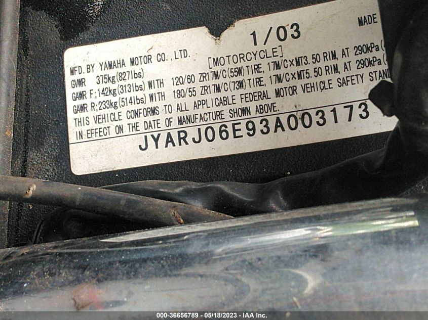 2003 YAMAHA YZFR6 L - JYARJ06E93A003173