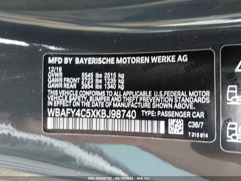 2019 BMW 8 SERIES M850I XDRIVE - WBAFY4C5XKBJ98740