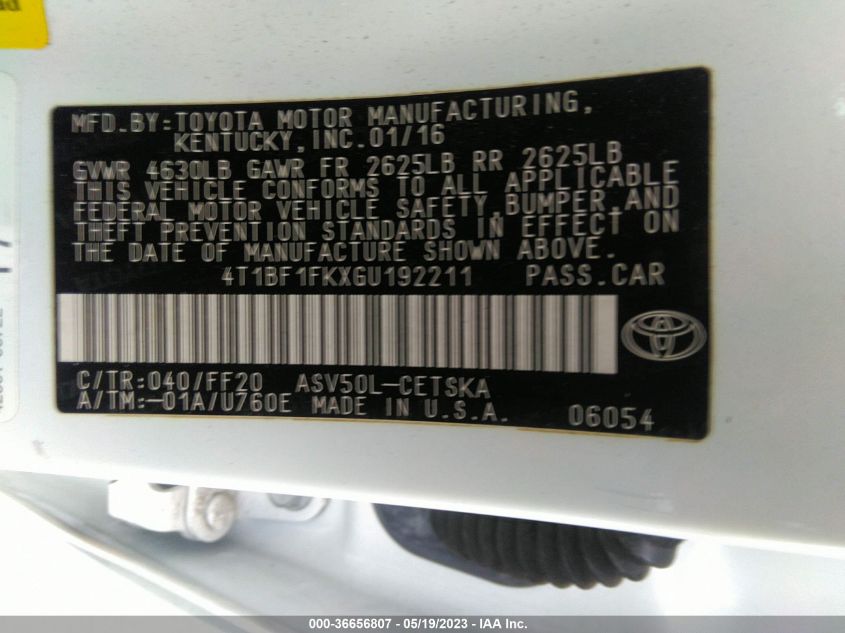 2016 TOYOTA CAMRY XLE/SE/LE/XSE - 4T1BF1FKXGU192211