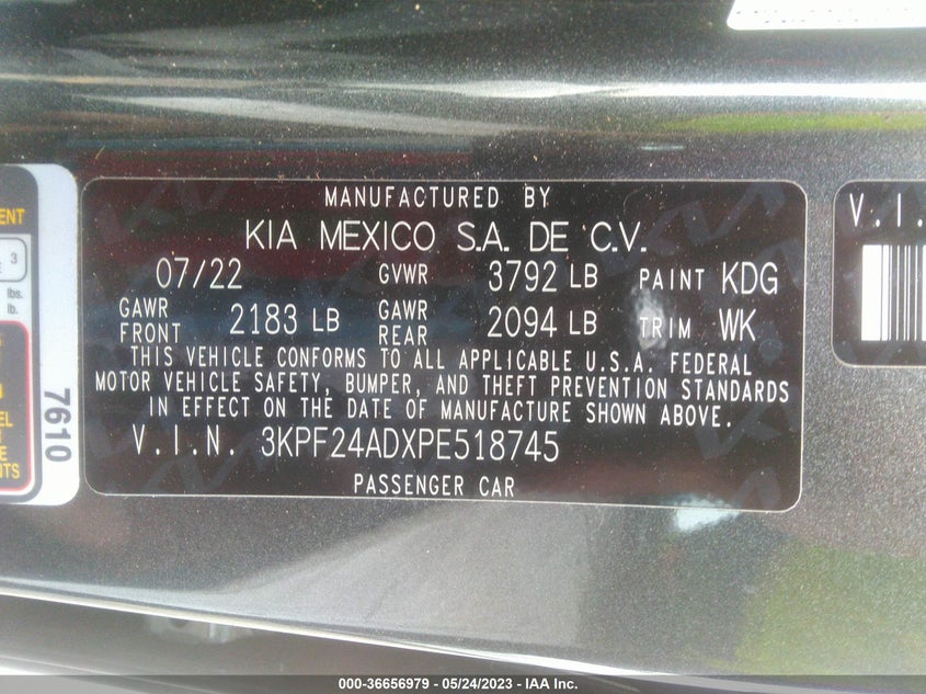 VIN 3KPF24ADXPE518745 2023 KIA FORTE LXS