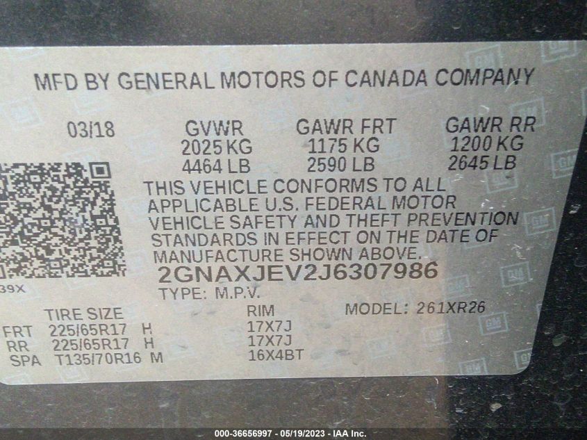 2018 CHEVROLET EQUINOX LT - 2GNAXJEV2J6307986