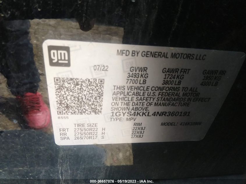 2022 CADILLAC ESCALADE ESV PREMIUM LUXURY - 1GYS4KKL4NR360191