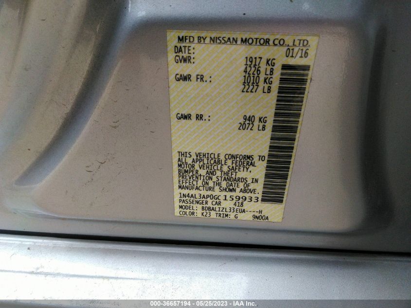 2016 NISSAN ALTIMA 2.5 SV - 1N4AL3AP0GC159933