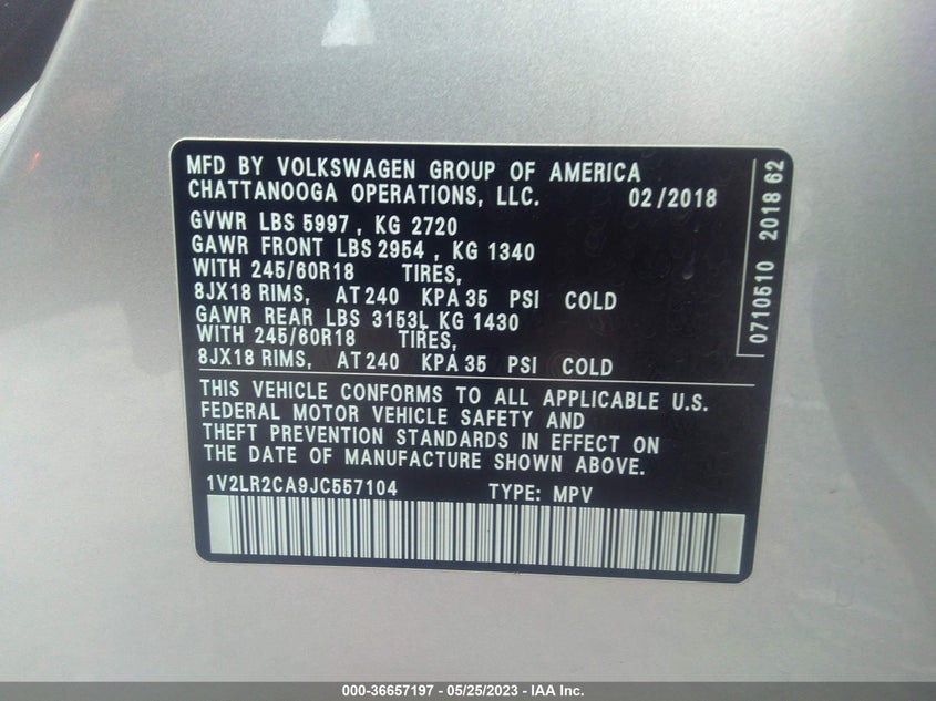 VIN 1V2LR2CA9JC557104 2018 VOLKSWAGEN ATLAS 3.6L V6 SE