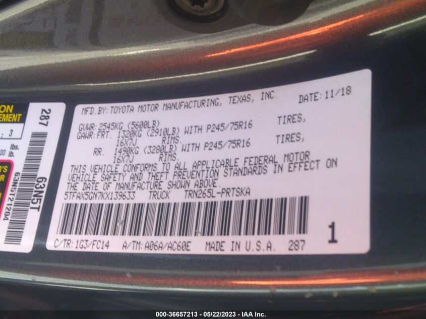 2019 TOYOTA TACOMA 2WD SR/SR5 - 5TFAX5GN7KX139633