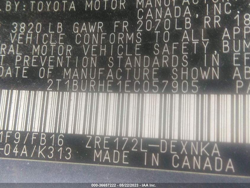 2014 TOYOTA COROLLA L/LE/S/S PLUS/LE PLUS - 2T1BURHE1EC057905