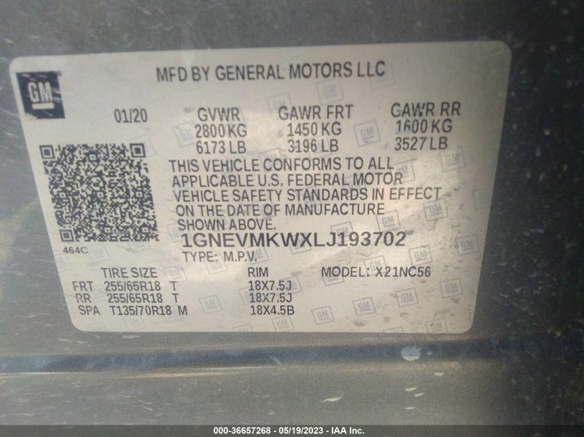 2020 CHEVROLET TRAVERSE LT CLOTH - 1GNEVMKWXLJ193702