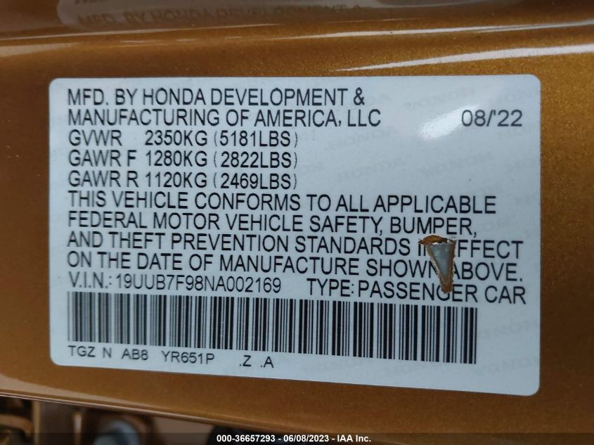 2022 ACURA TLX TYPE S W/PERFORMANCE TIRE - 19UUB7F98NA002169