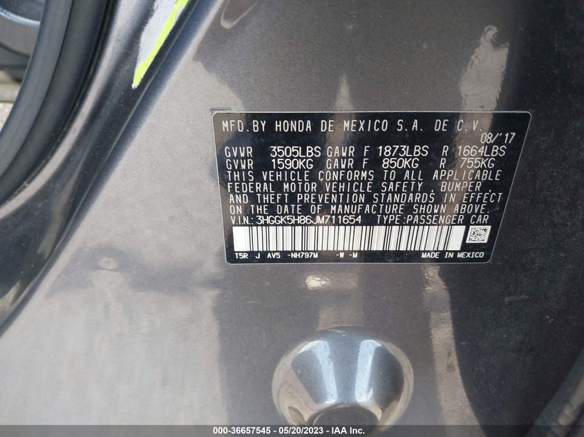 VIN 3HGGK5H86JM711654 2018 HONDA FIT EX