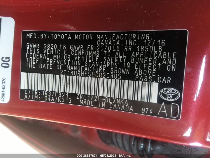 2017 TOYOTA COROLLA L/LE/XLE/SE - 2T1BURHE5HC820805