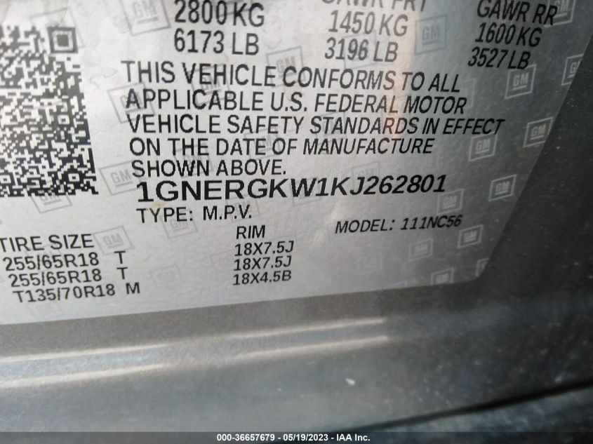2019 CHEVROLET TRAVERSE LT CLOTH - 1GNERGKW1KJ262801