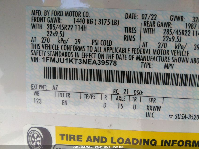 2022 FORD EXPEDITION LIMITED - 1FMJU1KT3NEA39578