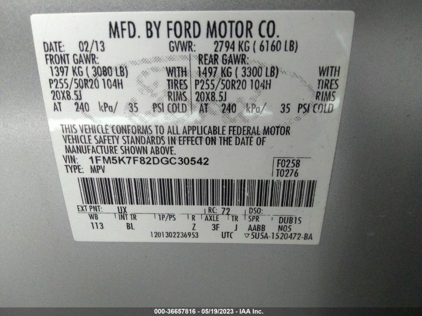 2013 FORD EXPLORER LIMITED - 1FM5K7F82DGC30542