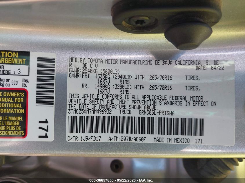 2022 TOYOTA TACOMA 4WD SR/SR5/TRD SPORT - 3TMCZ5AN7NM496932